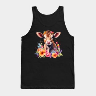 A cow decorated with beautiful watercolor flowers Tank Top